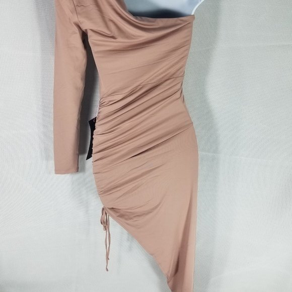 Bebe Warm Taupe Dress One Shoulder Sleeve Ruched Cocktail - XXS XS XL - NWT $149 - Picture 8 of 8